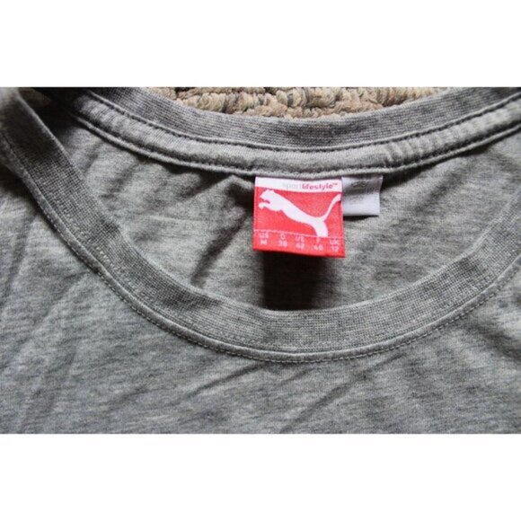 Womens Puma Crew Neck Purple Graphic Logo Tee Shirt Top Medium Heathered Gray - Picture 3 of 5